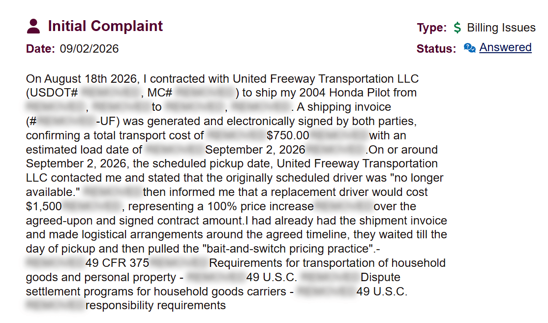 United Freeway Transportation, BBB complaint response