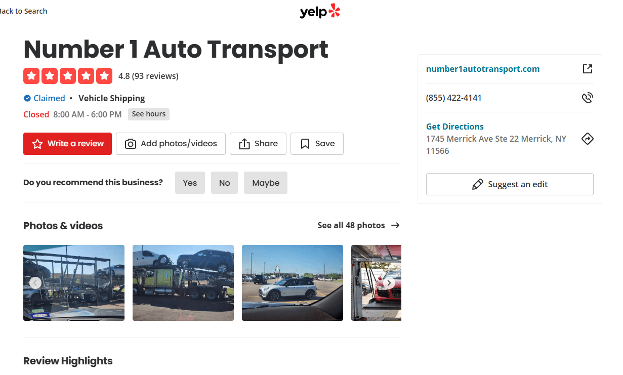 Number1 Auto Transport review on yelp
