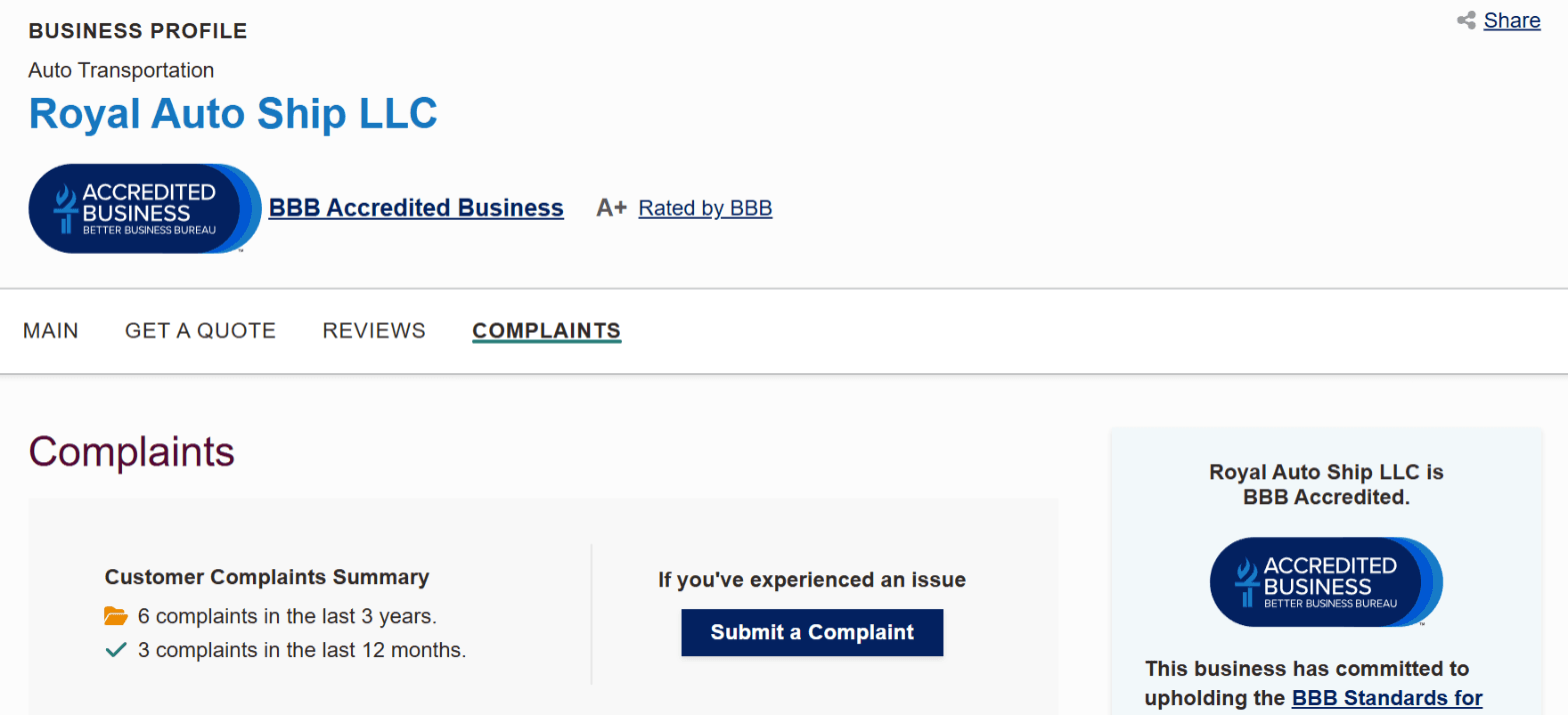 BBB business profile for Royal Auto Ship LLC showing BBB accreditation, an A+ rating and 6 complaints in the last 3 years