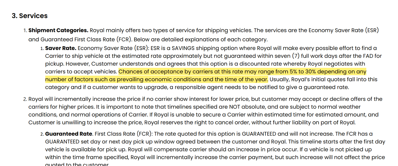 Royal Auto Ship Terms and Conditions, Section 3, showing the Economy Saver Rate clause that says carrier acceptance may range from 5% to 30%